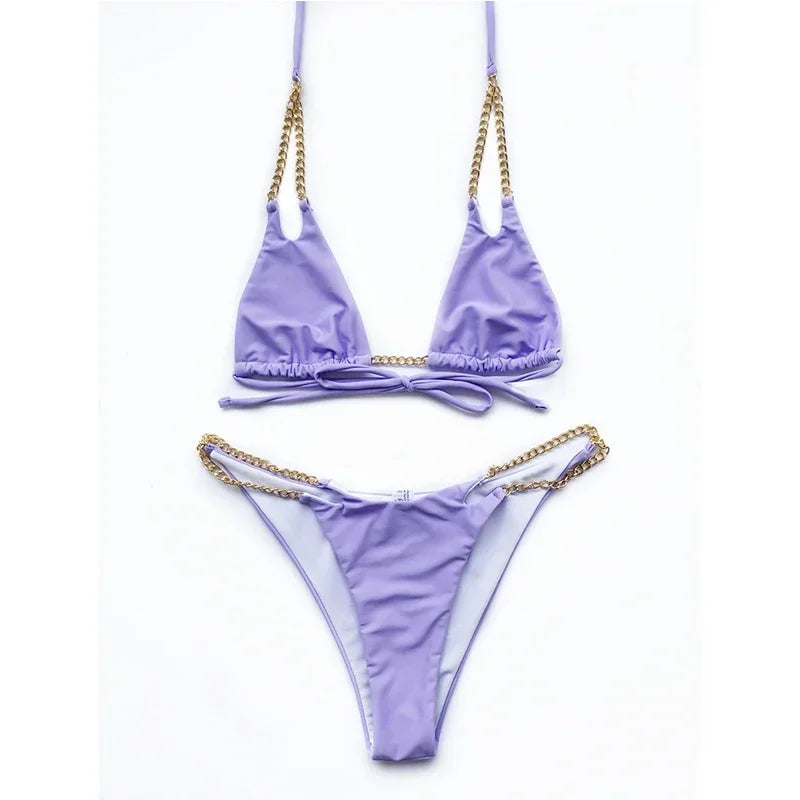 Sexy Cow Print Halter Metal Chains Brazilian Bikini Women Swimsuit Female Swimwear Two Pieces Bikini Set Bathing Suit Swim Lady