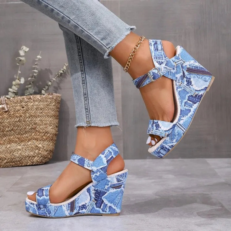 2026 New Women's Wedge Sandals Fashion Floral Printed Canvas Shoes  Casual Sandals