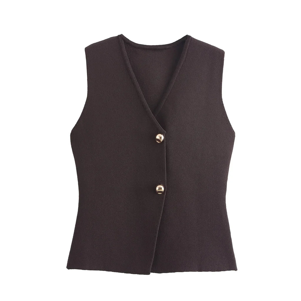 Foridol Gold Button Knitted Tank Top Women Autumn Winter Burgundy Short Vest Sleeveless V Neck Chic New Fashion Tops