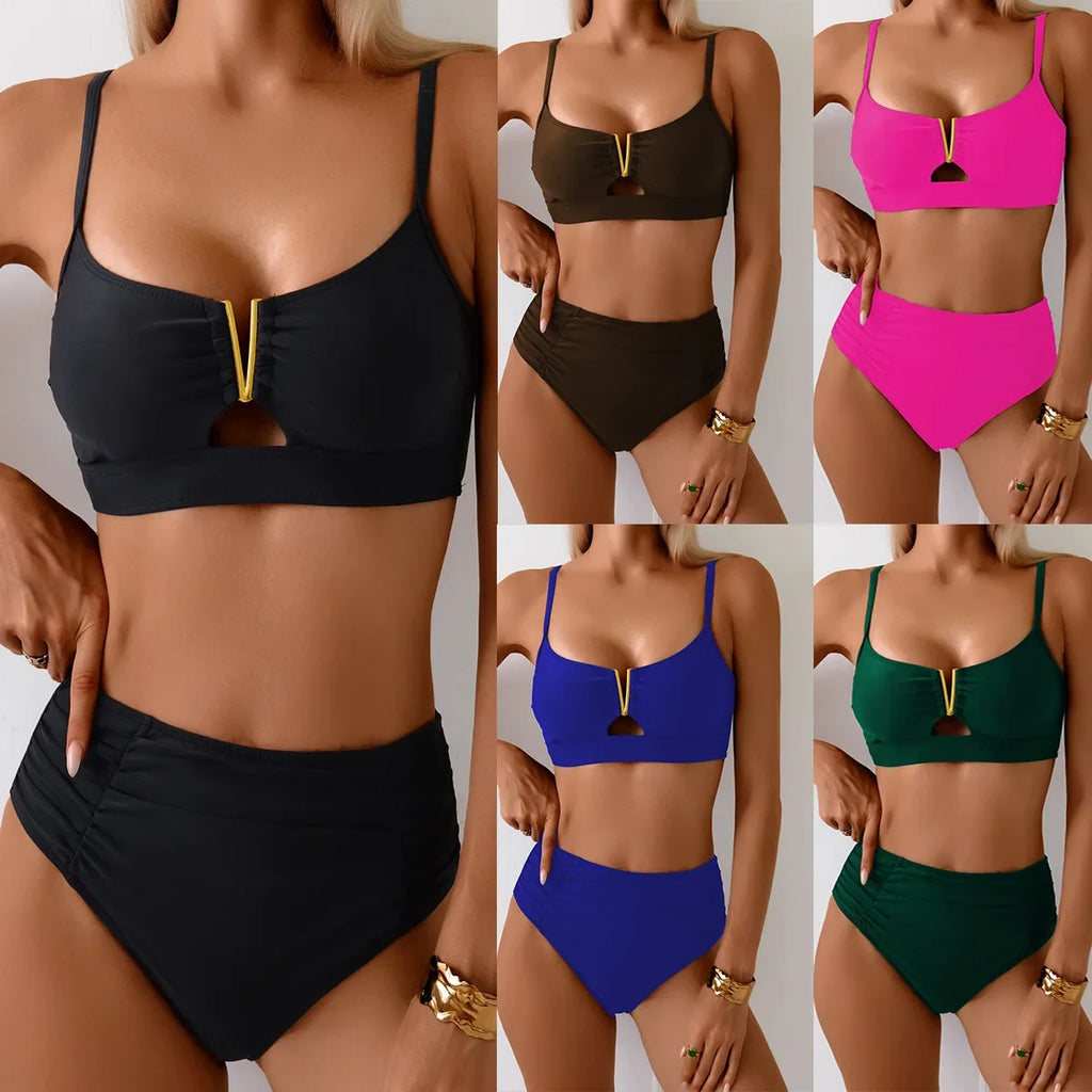 Sexy Black Metal V Wire Bikini Set 2026 Women Hollow Out Push Up Bra High Waist Swimsuit Beach Bathing Suit Two Piece Swimwear