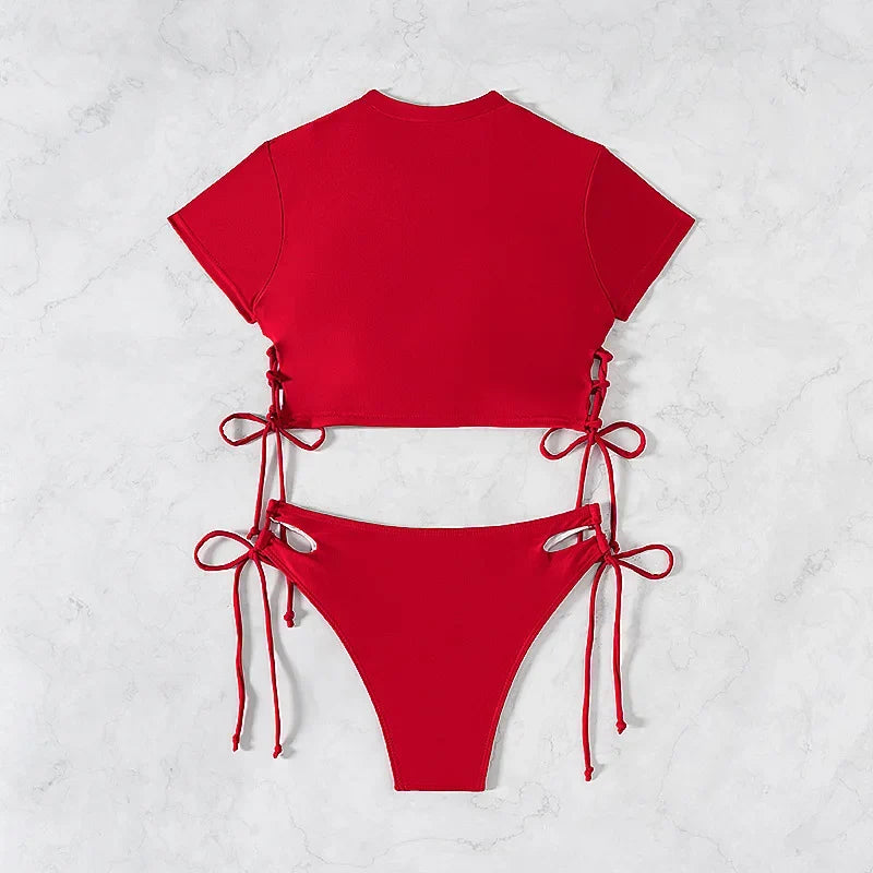 2026 New 2 Piece Swimsuit for Women Solid Color Sexy Drawstring Short Sleeve Bikini Set Beach Vacation Bathing Suit Swimwear