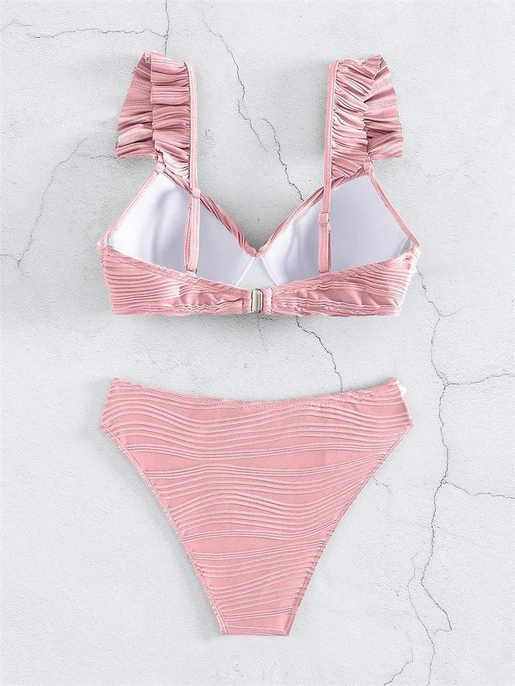 Wrinkled Ruffle Frilled Bra Cup Bikinis 2026 Female Swimsuit Women Swimwear Two Pieces Bikini Set Push Up Beachwear Bathing Suit