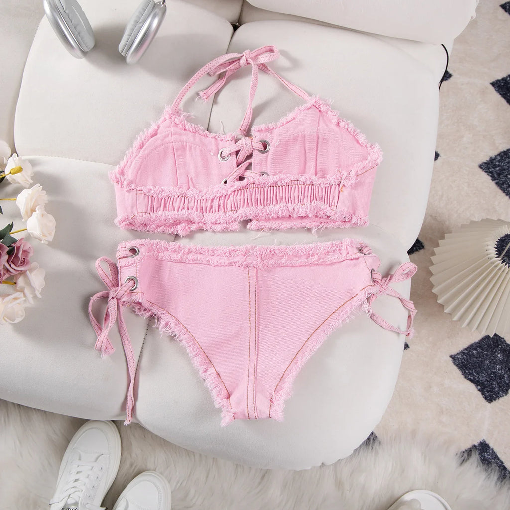 DEKA Women's Bandage Denim Bikini Set Summer New Jeans Shorts Swimwear Bra Beach Play and Bar Nightclub Swimsuit