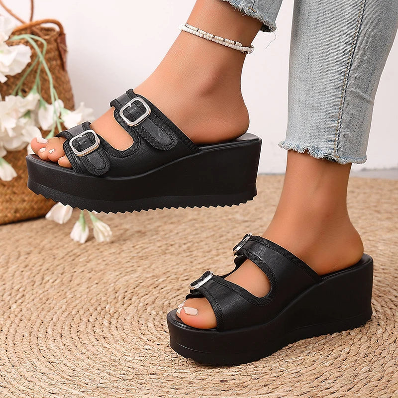 Summer Women's Chunky Platform Sandals 2026 Thick Bottom Wedges Slippers Women Plus Size 43 Double Buckle Casual Sandles Woman