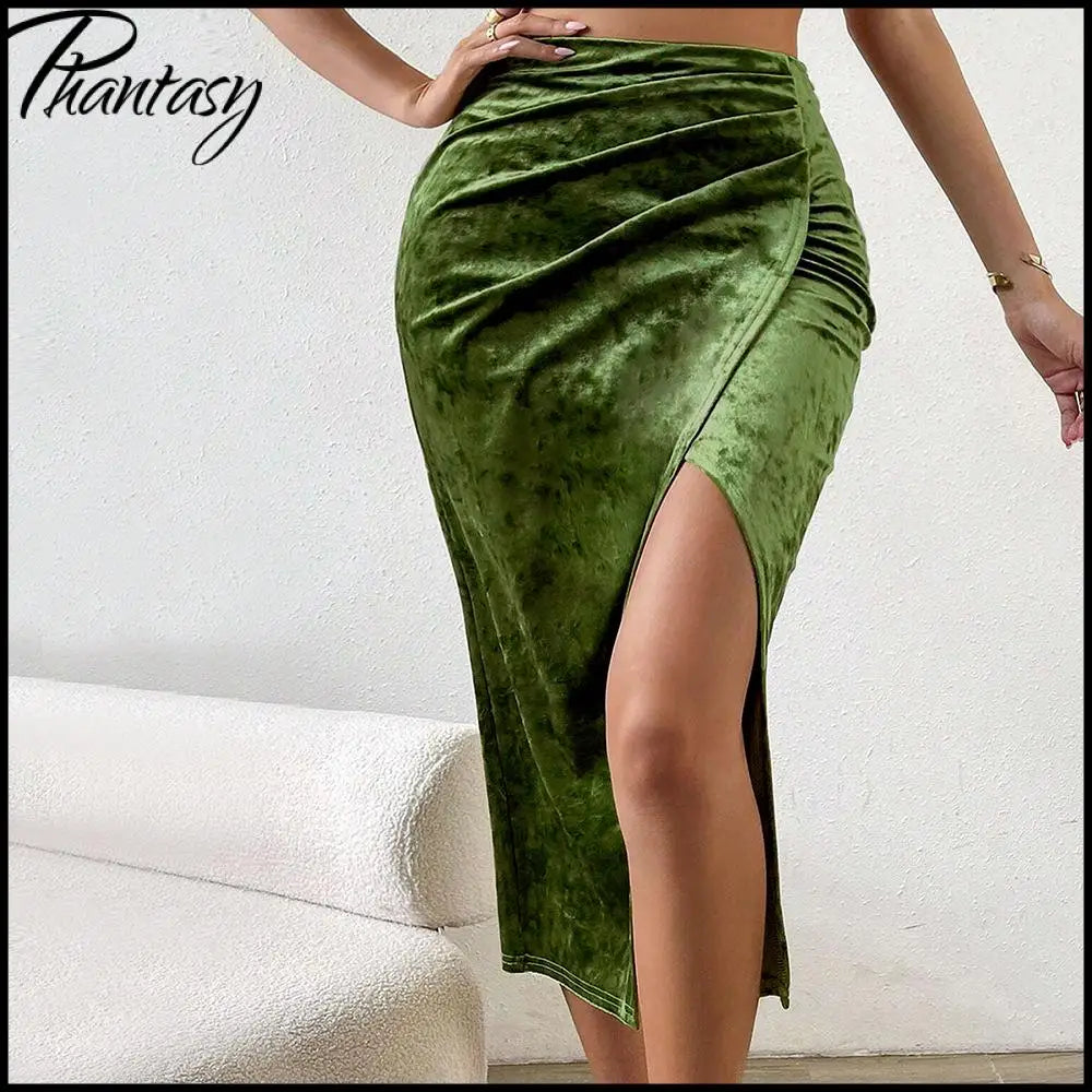 Elegant Split Velvet Skirt Commute Green A-line Mid-Calf Skirt for Lady Women's Autumn Winter Outfit Night Out Streetwear