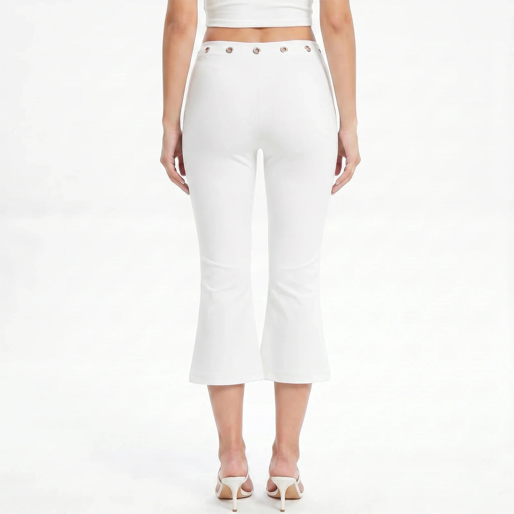 Womens Summer Cropped Pants Mid Rise Flare Trousers Stylish Casual Leg Pants with Silver Eyelet Capris