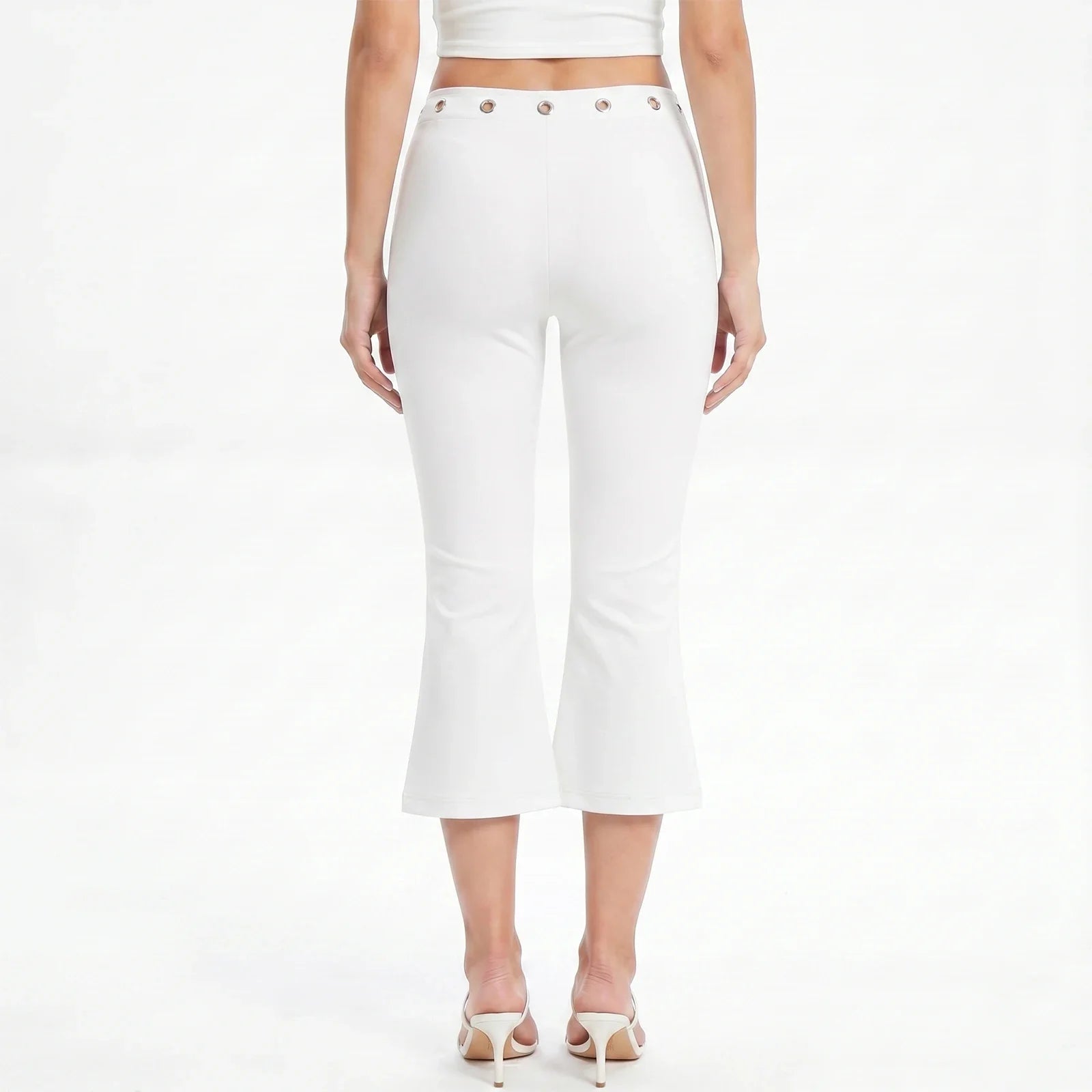 Womens Summer Cropped Pants Mid Rise Flare Trousers Stylish Casual Leg Pants with Silver Eyelet Capris