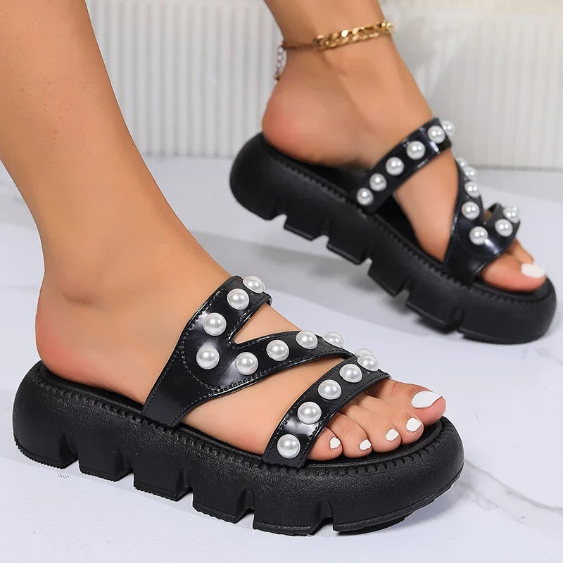 Rome Style Bead Thick Bottom Sandals Women 2026 Summer Pearls Chunky Platform Sandals Woman Anti Slip Outdoor Casual Slippers