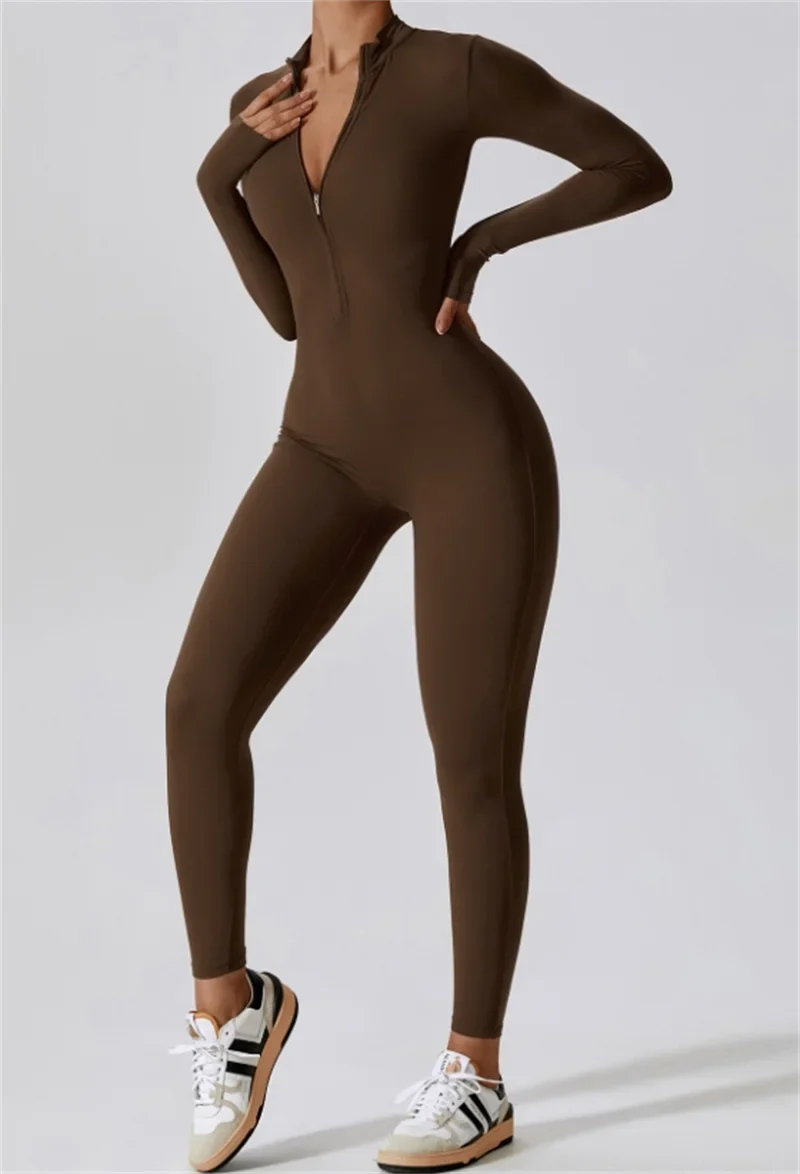 Half zip integrated long yoga jumpsuit solid color sexy long sleeved integrated sportswear for women