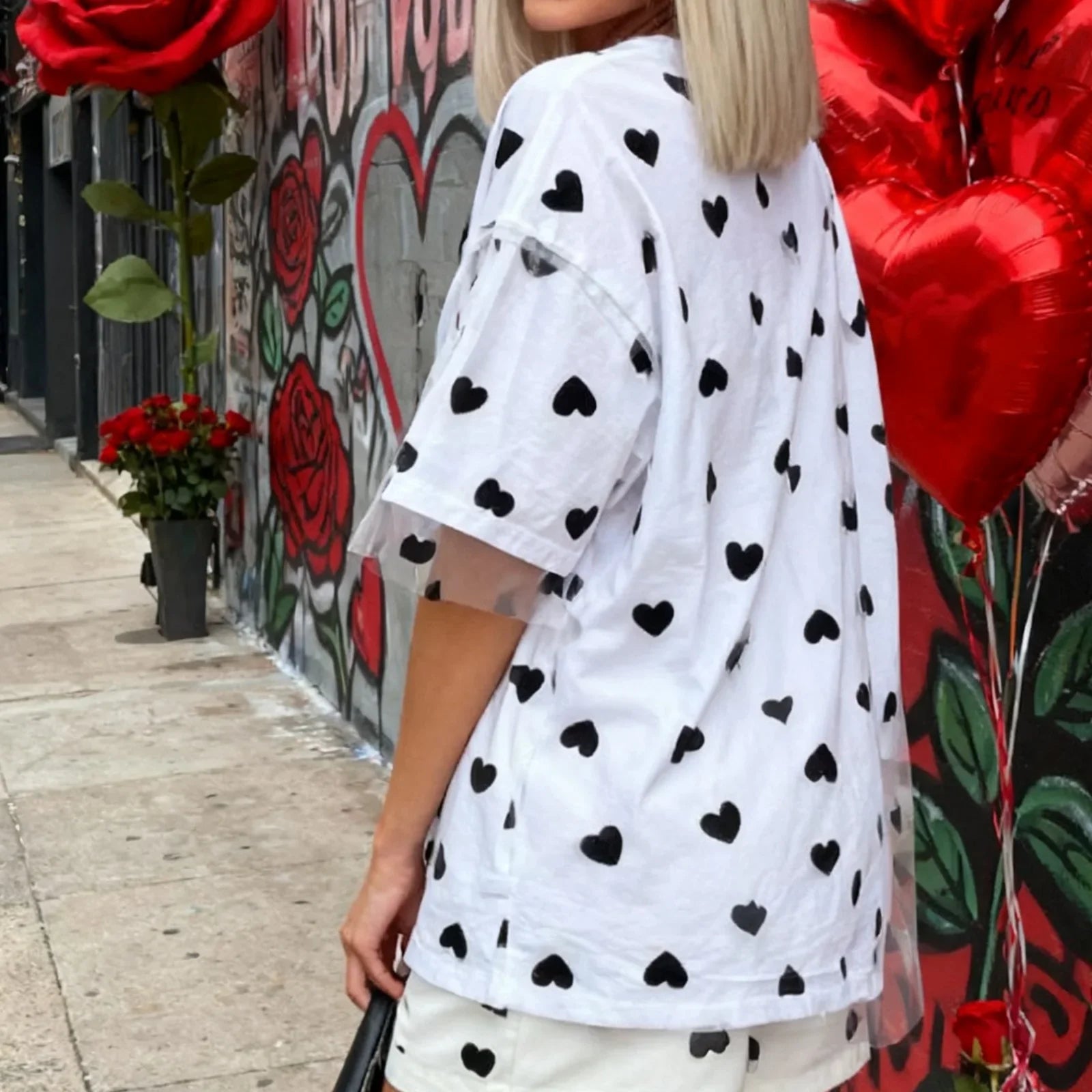 Summer T-Shirt Women Casual Loose Fit Stylish Love Heart Print Crew Neck Short Sleeve Tops