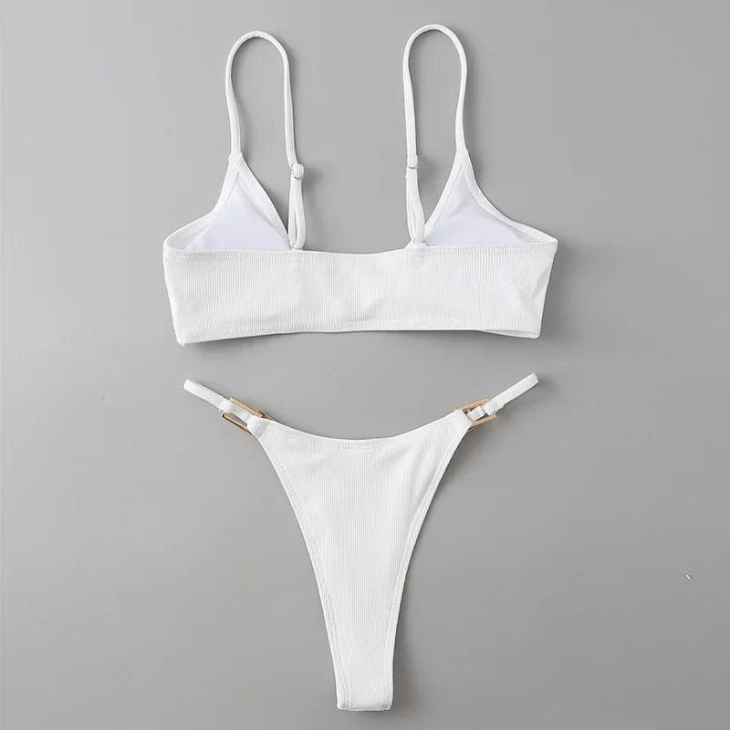 Sexy Ribbed Metal Rings High Cut Bikini Female Swimsuit Women Swimwear Two-pieces Bikini Set Micro Thong Bathing Suit Swim Lady