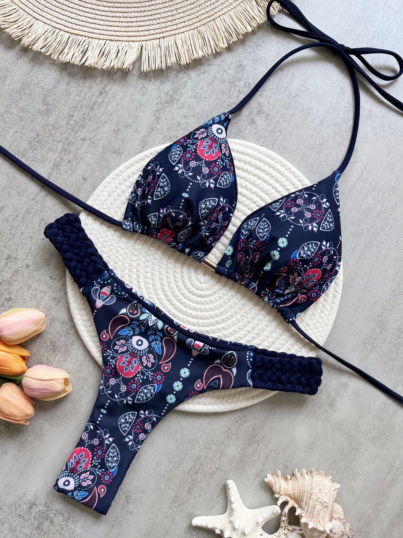 Fashion Print Halter Mini Thong High Cut Bikini Female Swimsuit Women Swimwear Two-pieces Bikini Set Bather Bathing Suit Swim