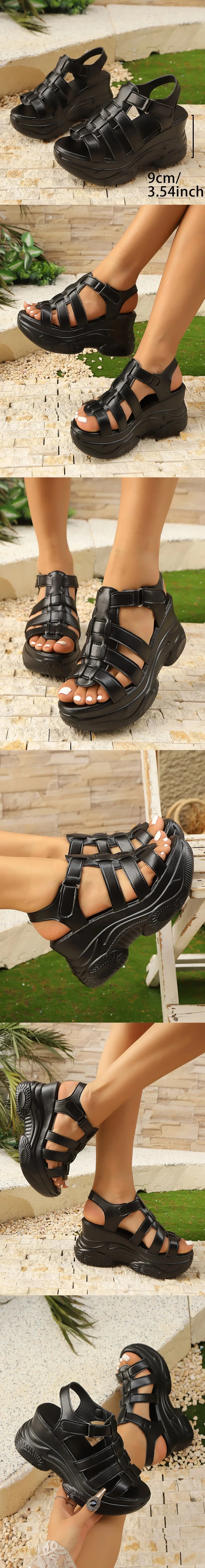 Leisure Gladiator Style Platform Wedge Sandals for Women with Adjustable Strap Open Toe Summer Casual Shoes Black White