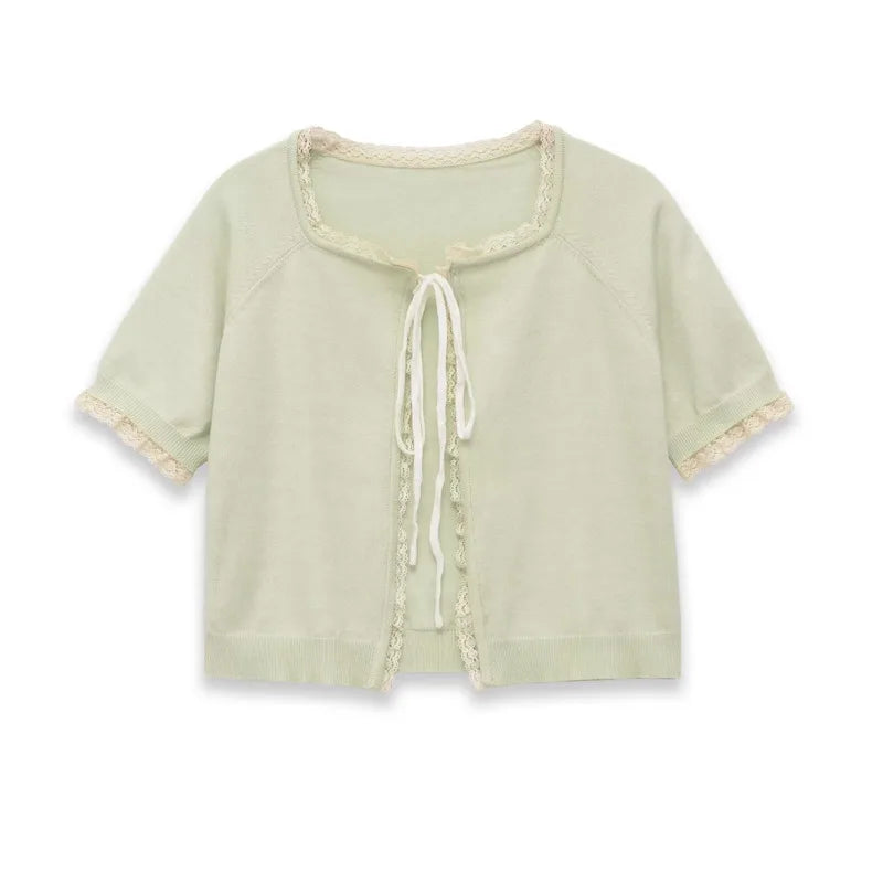 Women's Fashion Short Sleeve Round Neck Bow Lace Knit Solid Color Light Green Lace Trim Front Short Sleeve Knit Casual Top MDTM