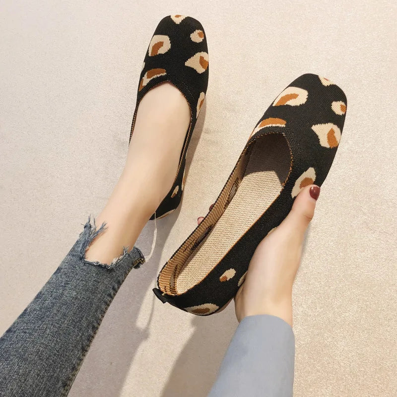 Spring and Autumn Flat Shoes Fashion Leisure Women's Flat Shoes Square Toe Knitting Elastic Comfortable Slip-on Boutique Shoes