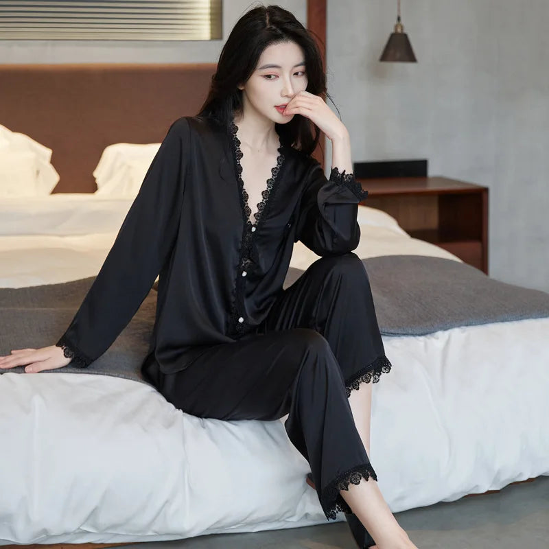 Spring and summer ice silk pajamas sexy lace long-sleeved cardigan home wear set