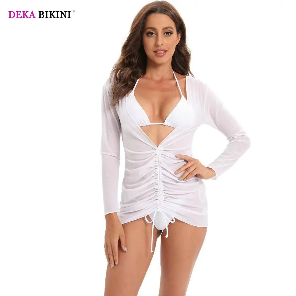 DEKA Sold Triangle Bikini Set Blouse Swimsuit Women Printed Halter Swimwear Cover Up Beach Wear 3 Pieces Sheer Bathing Suit