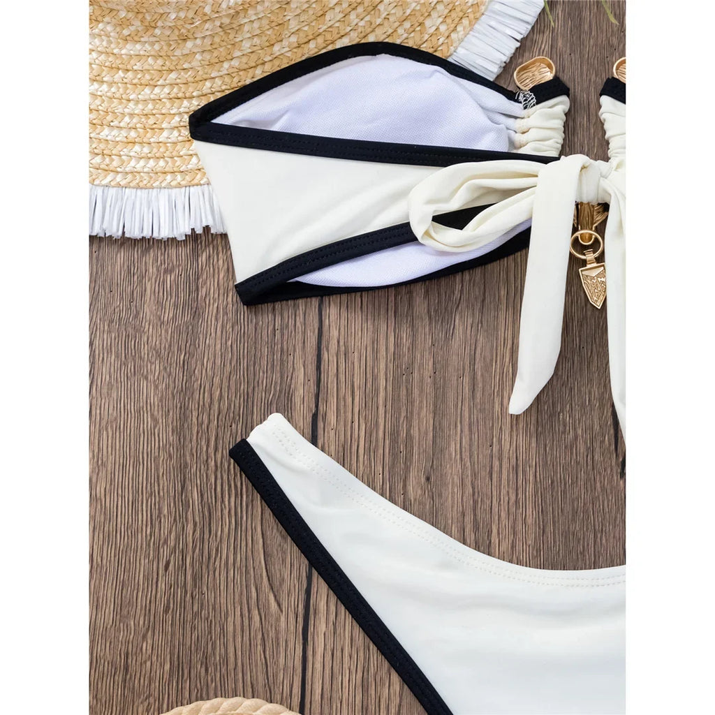 Bandeau Splicing Metal Ring Brazilian Bikini Women Swimwear Female Swimsuit Two-Pieces Bikini Set Bather Bathing Suit Swim V5651
