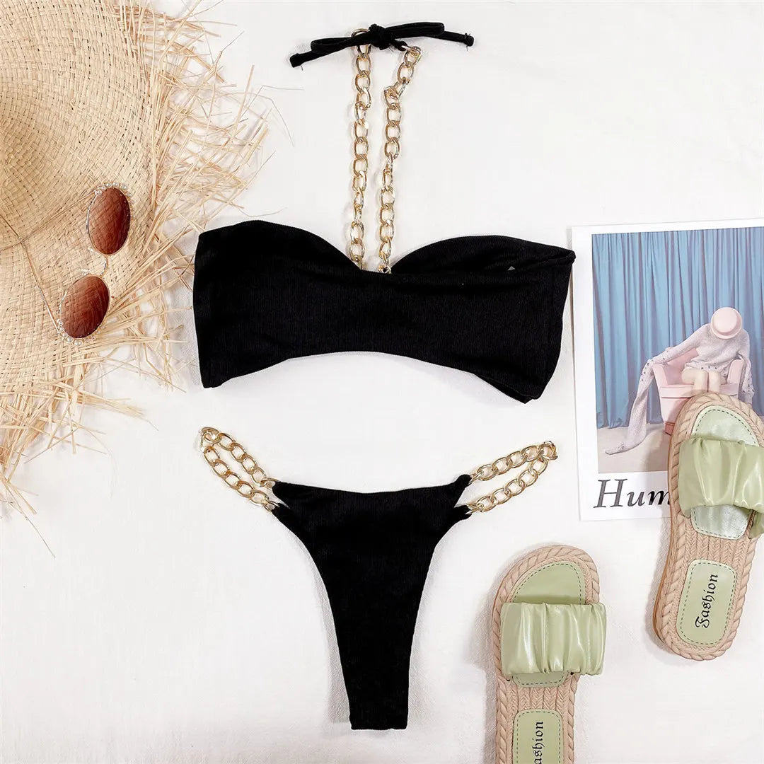 Women Swimwear Metal Chain Halter Ribbed Bikini Female Swimsuit Two-Pieces Bikini Set High Cut Bather Bathing Suit Swim V2989