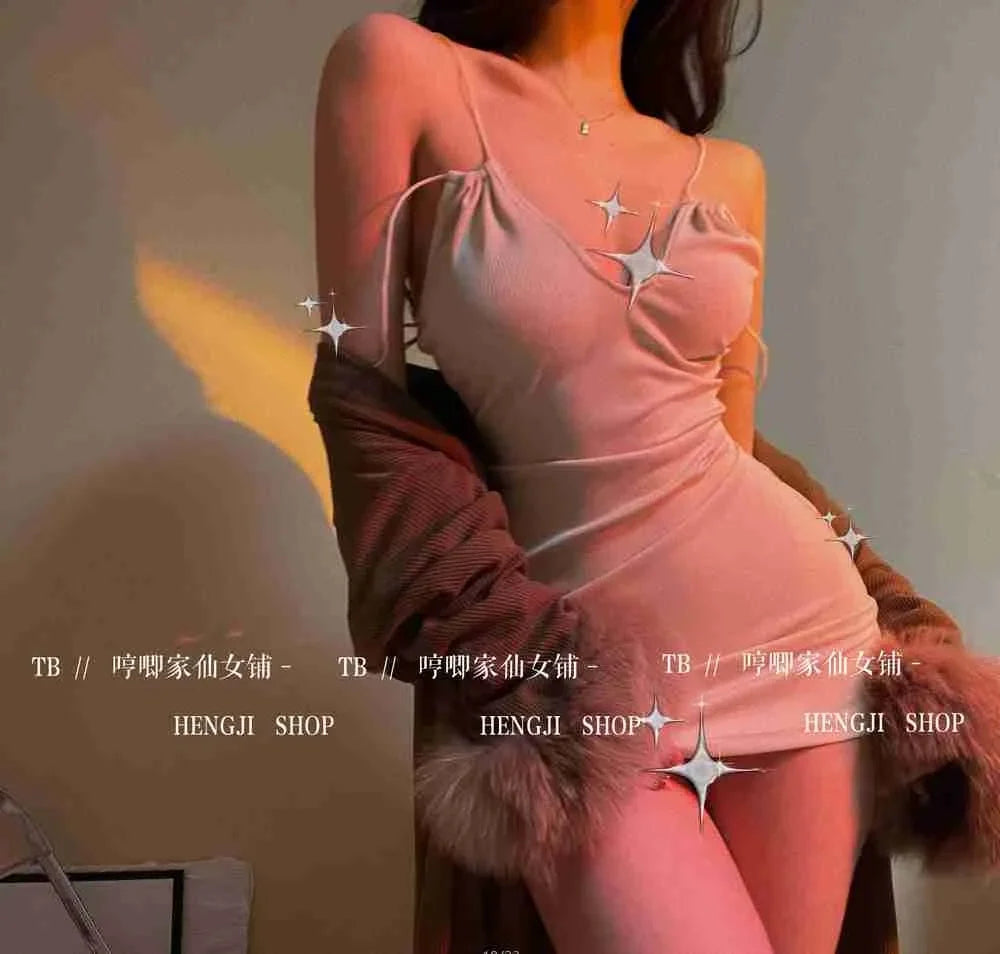 Slip Sweet Mini Dress Tank V Neck Babes Backless Bare Ass Cosplay House Fairy Sweet Korean Women Tops 2022 Summer P7M8