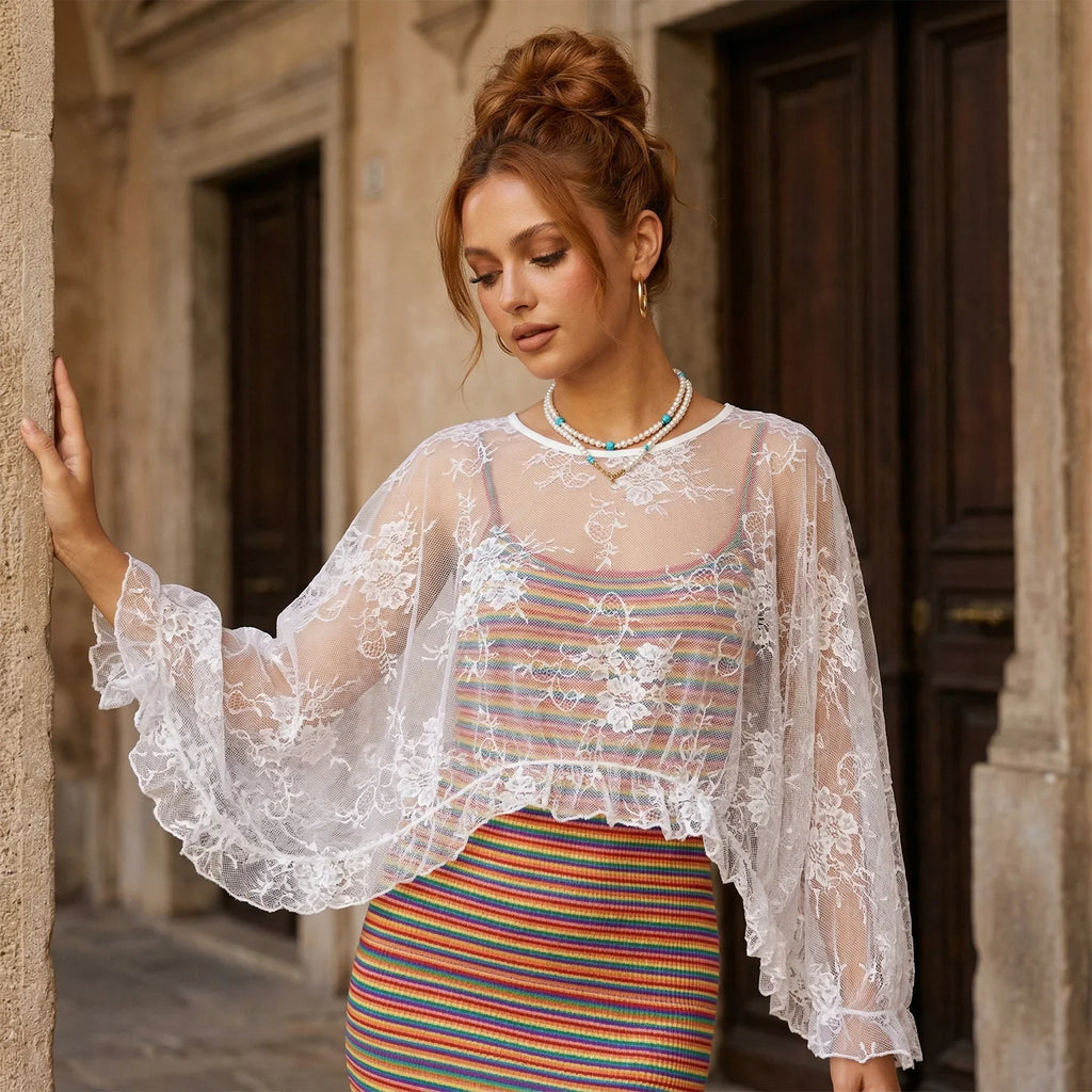 Women Solid Color Lace Tops Crew Neck Flower Cover-up Summer Sheer Tops Clubwear for Casual Daily