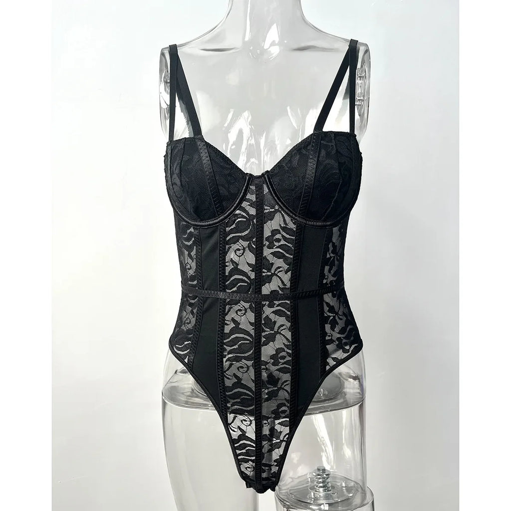 Sexy Lace Bodysuit for Women Bodies Elegant Women's Top 2025 New Summer Solid Bodycon Ribbed Bodysuits