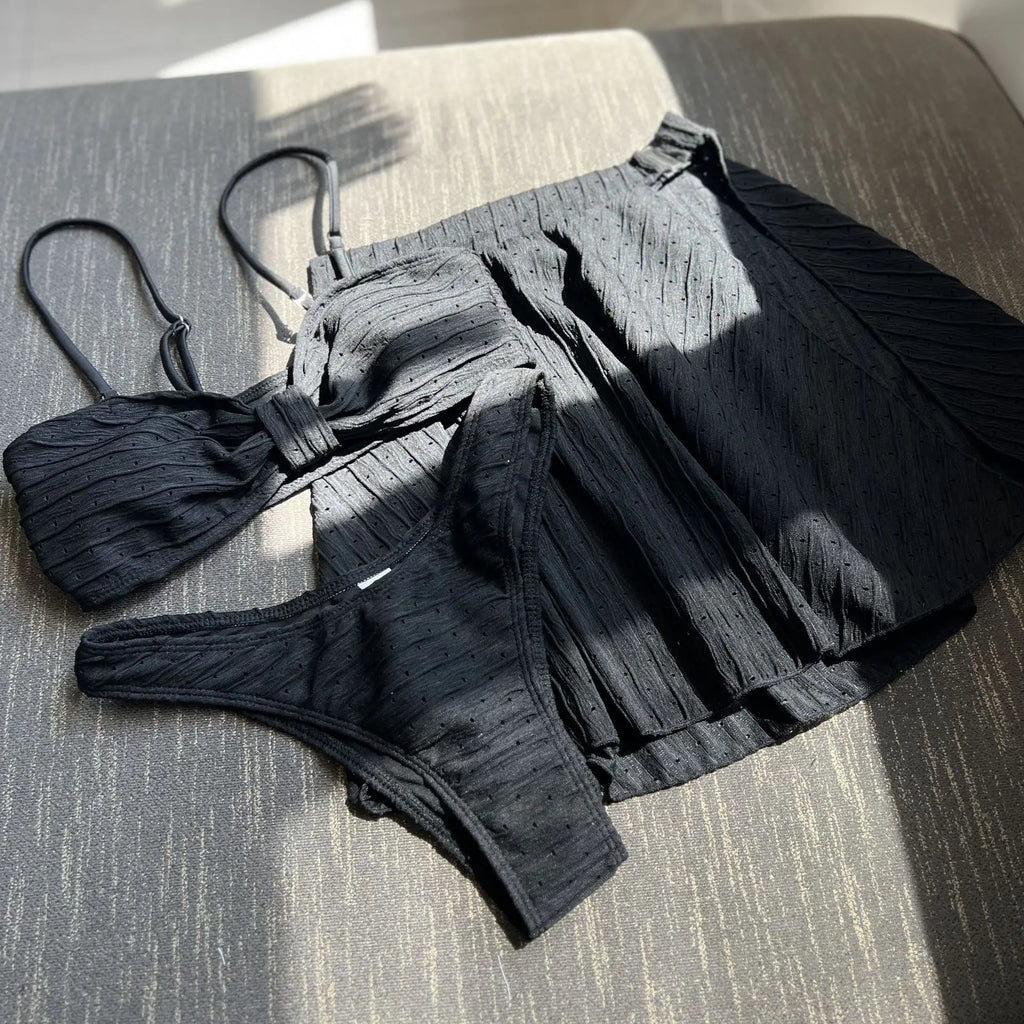 Sexy White Black 3 Piece Bikinis Sets Women Front Bow Push Up Split Mesh Skirt Swimsuit 2026 Beach Bathing Suit Thong Swimwear