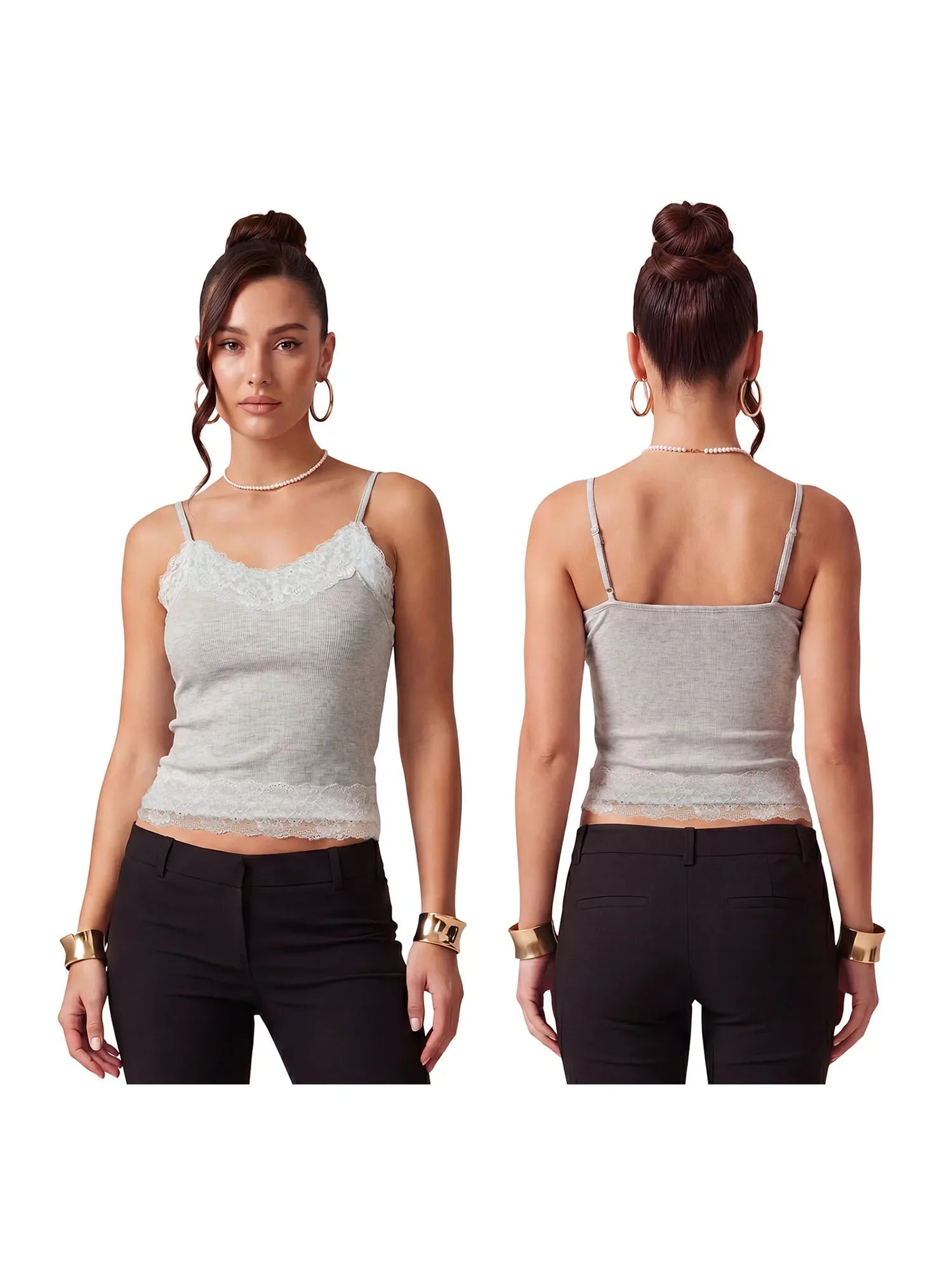 Women's Summer Solid Color Slim Fit Camisoles Spaghetti Strap Stylish Lace Trim Crop Tops