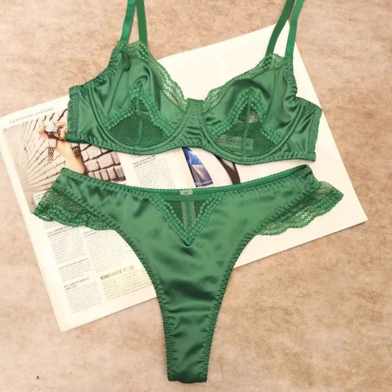 MOYISU Parisian Lingerie Set | Chantilly Lace & Mesh Cutouts | EU 85B Support | Effortless French Slimming Underwire Sexy Bras