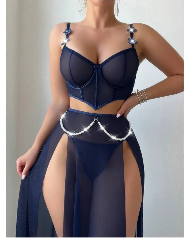 Women Sexy Lingerie Dress for Bow Knot Patchwork Mesh See-through Bra and Skirt Panties Set Underwear Erotic Lingerie