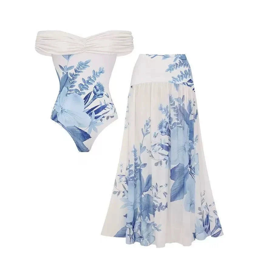 Women Sexy Bikini Set Swimsuit V Neck Solid Color Laser Cutting Flower Swimsuit Beachwear Luxury Summer Beachwear Dress