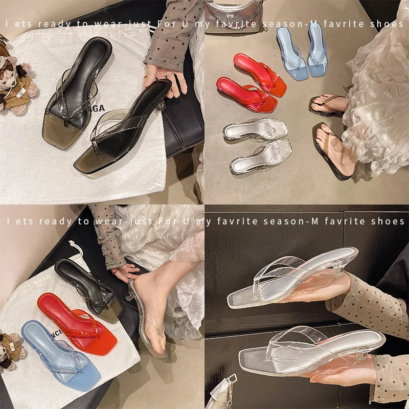 2026 Summer Jelly Shoes Women Fashion Sandals Low Heel Square Toe Girls Street Flip Flops Transparent Color Female Slippers