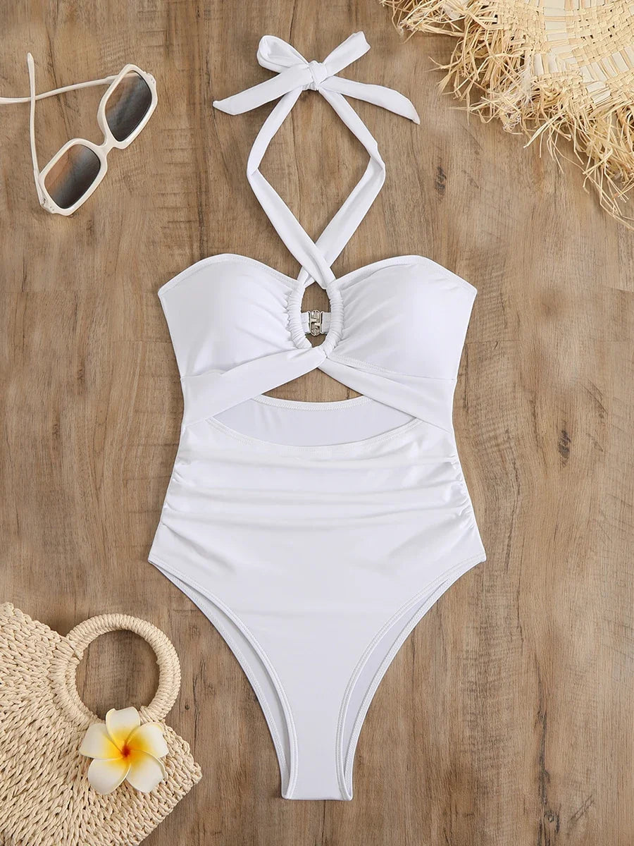 2026 Sexy Padded Swimsuit Women One Piece Halter Hollow Swimwear Female Solid Bathers Bathing Swimming Swim Suit Beachwear