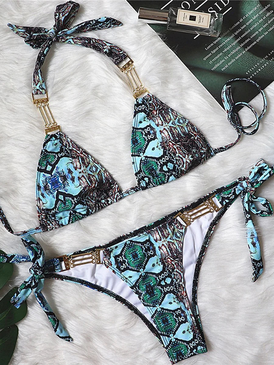 Sexy Halter Snake Skin Bikini 2026 Women Swimsuit Female Metal Chains Swimwear Two Pieces Bikini Set High Cut Bathing Suit Swim