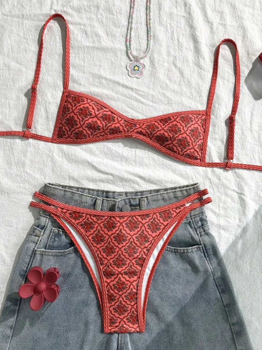 XS - XL Flowers Printed High Cut Bikini Women Swimsuit Female Swimwear Two-pieces Bikini Set Bather Bathing Suit Swim Beachwear