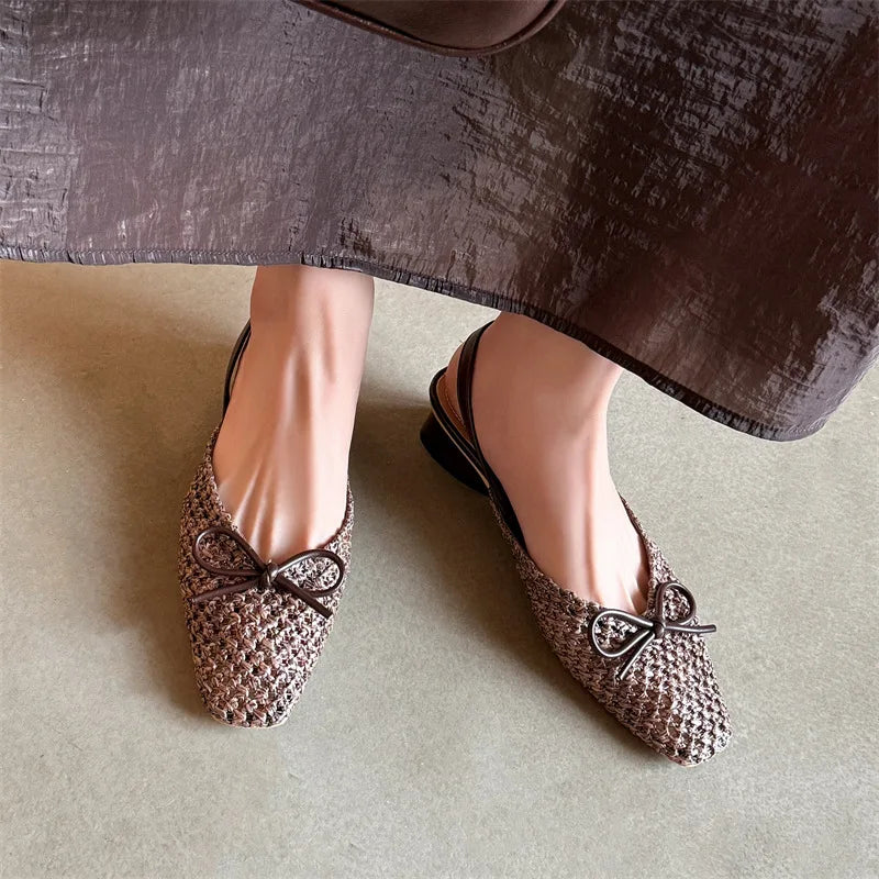 Woven Bow Back Strap Design Sandals Women's Summer New Square Head Shallow Mouth Single Shoe Comfortable Elegant Cool Pumps