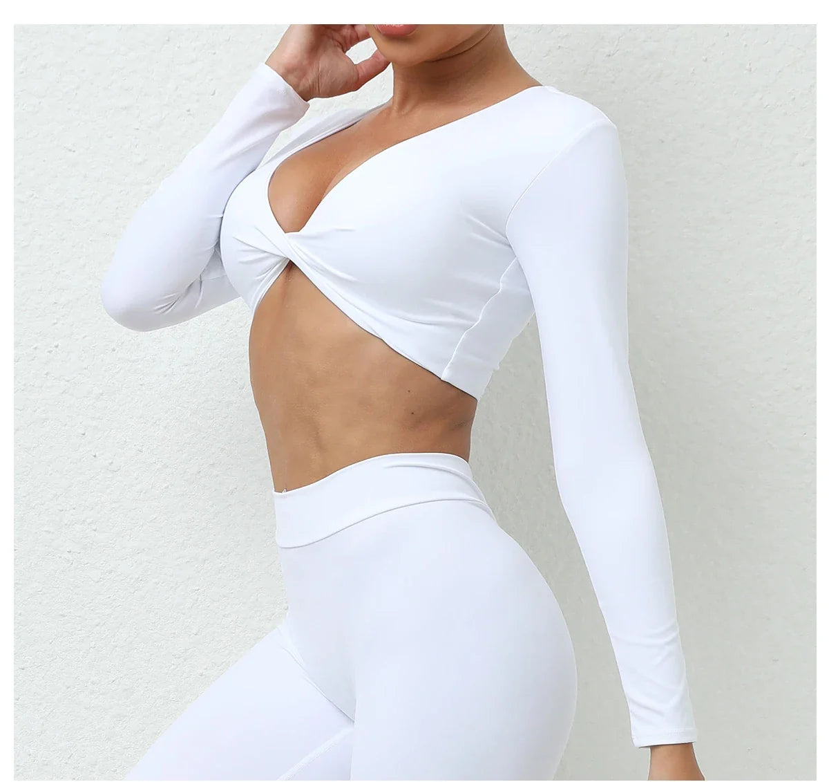Long Sleeve Gym Crop Tops for Women Twist Deep V Workout Quick Dry Padded Sports Fitness Yoga T-Shirt