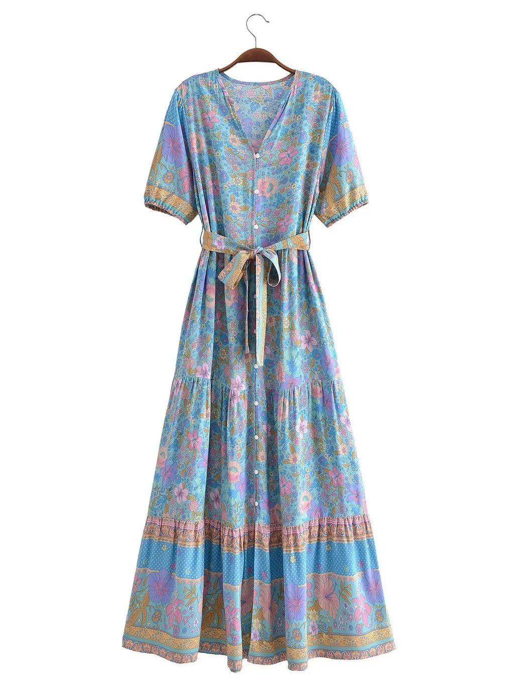 Foridol Single Breasted Bohemian Holiday Summer Women Dress Belt Casual Loose Maxi Floral Dress Short Sleeve Long Viscose Dress