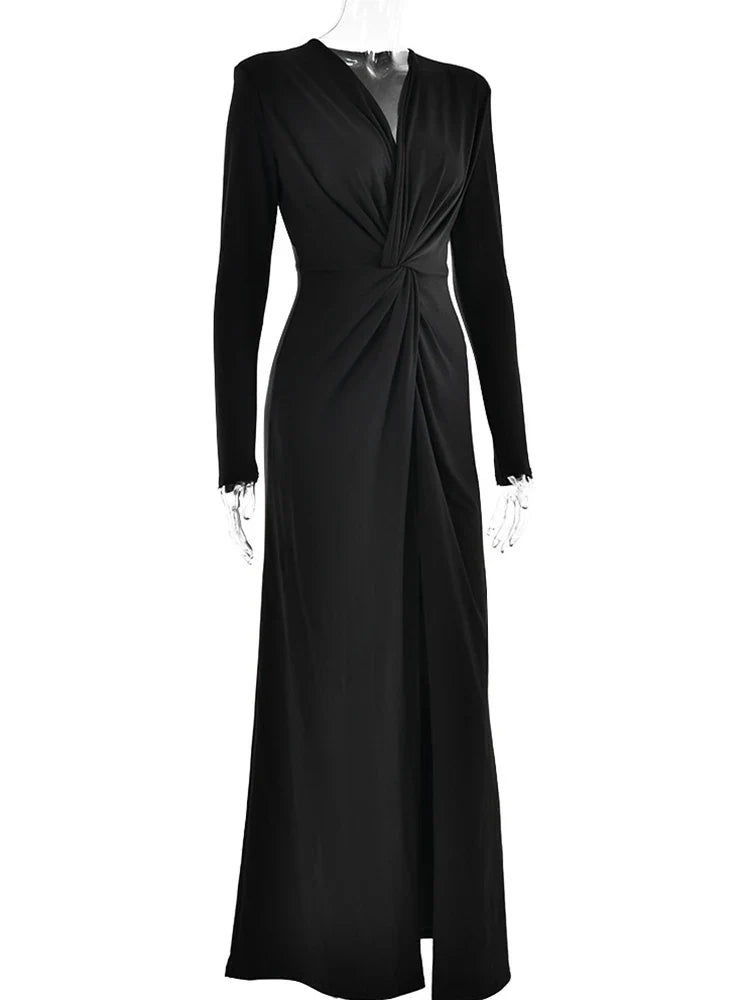 Ahagaga Fashion Sexy Elegant Maxi Dresses Streetwear V-neck Casual Solid High Split Long Sleeve Slim Sheath Party Women Vestidos