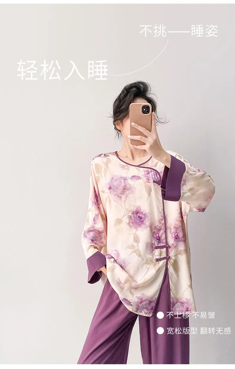 Plus size mother's cotton silk pajamas spring and summer new Chinese style can be worn outside home clothes Mother's Day gift