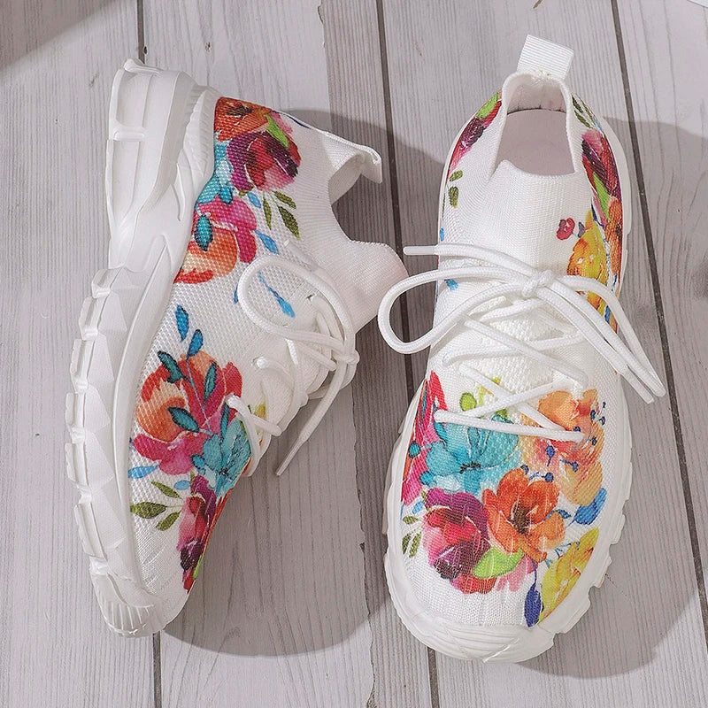 Floral Print Women's Knitted Sneakers Summer 2025 New Breathable Air Mesh Casual Shoes Woman Light Weight Walking Sports Flats