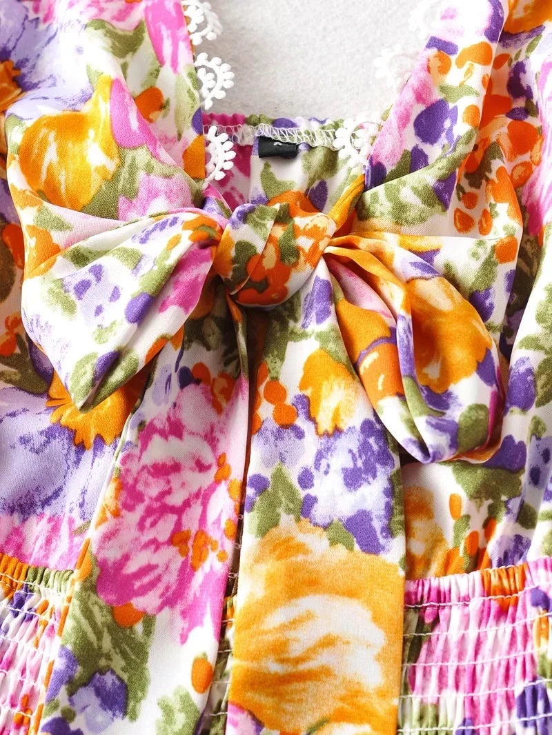 V Neck Bowknot Floral Print Boho Summer New Dress for Women Adjustable Strap Lace Patchwork Sundress Beach Casual Short Dress