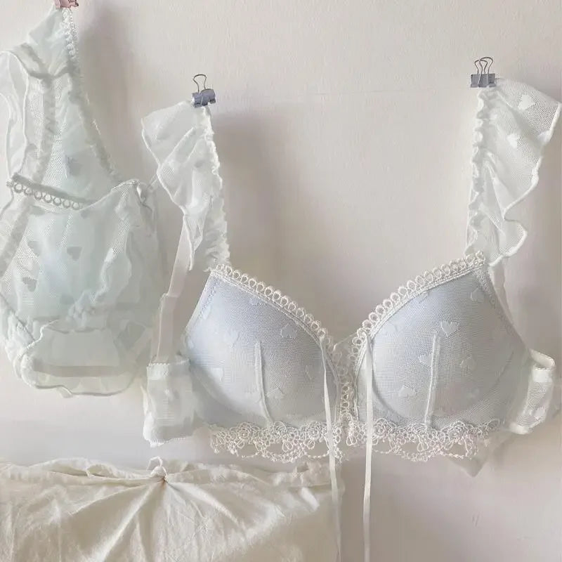Japanese Kawaii Heart Print Lingerie, Sweet Wireless Bralette Set for Small Breasts, Comfortable Anti-Sagging Everyday Bra Set