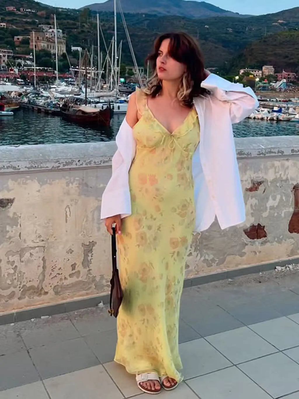 Sexy Elegant Flower Print Slim Long Dresses Women V-neck Low Cut Leace-up Backless Package Hip Bodycon Sleeveless Dress Female