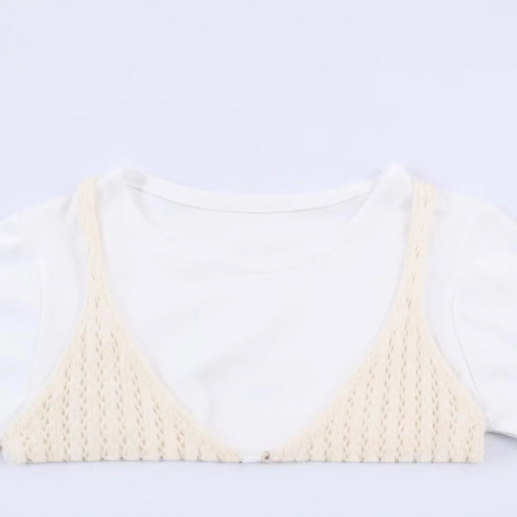 Fashion Casual Hollow-out Knitwear Women Cream White Crochet Knit V Neck Button Front Ruffle Hem Sleeveless Casual Crop Top 38V2