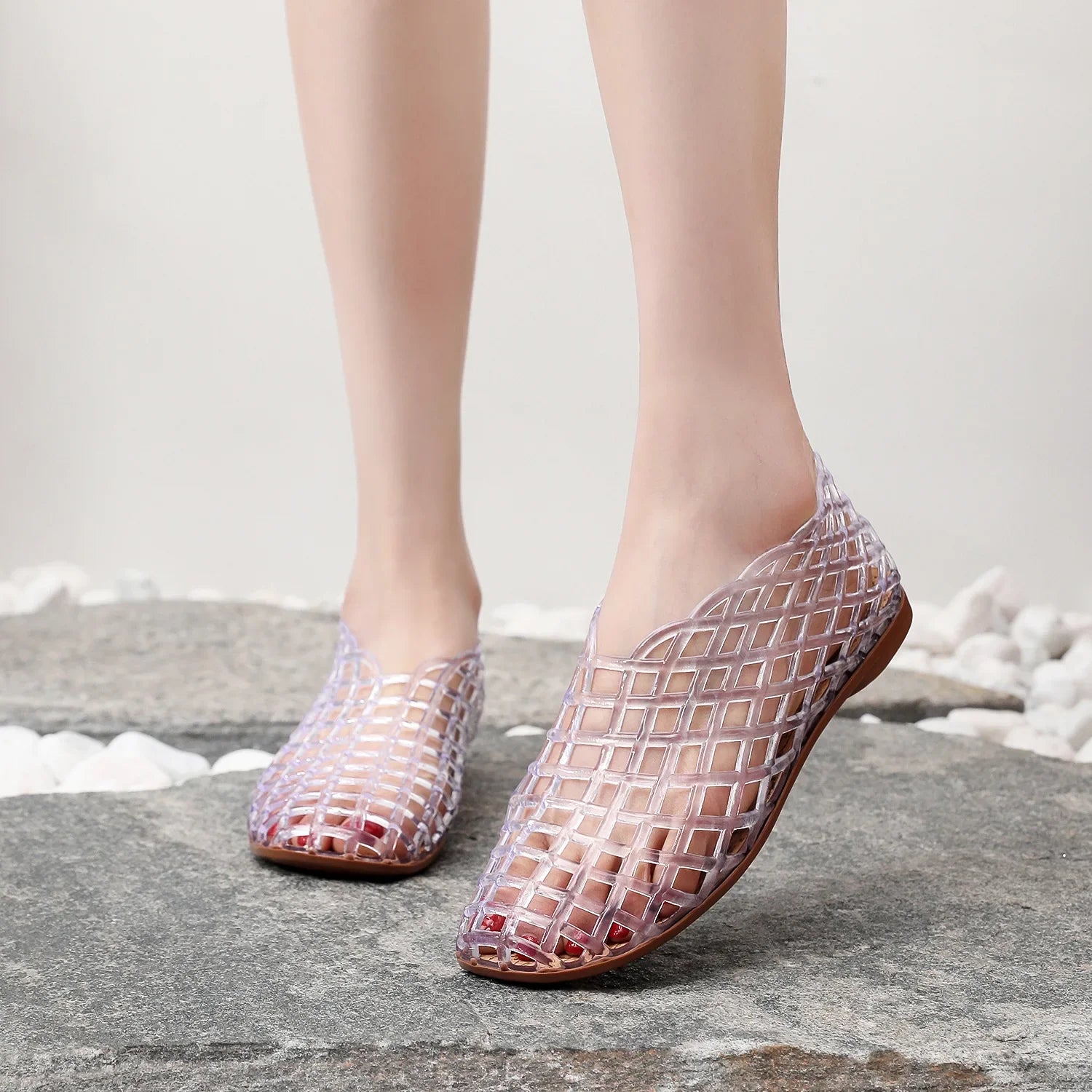 New 2026 Women Leisure Jelly Sandals Cut-out Soft PVC Breathable Summer Flat Shoes Close Toe Female Street Flats
