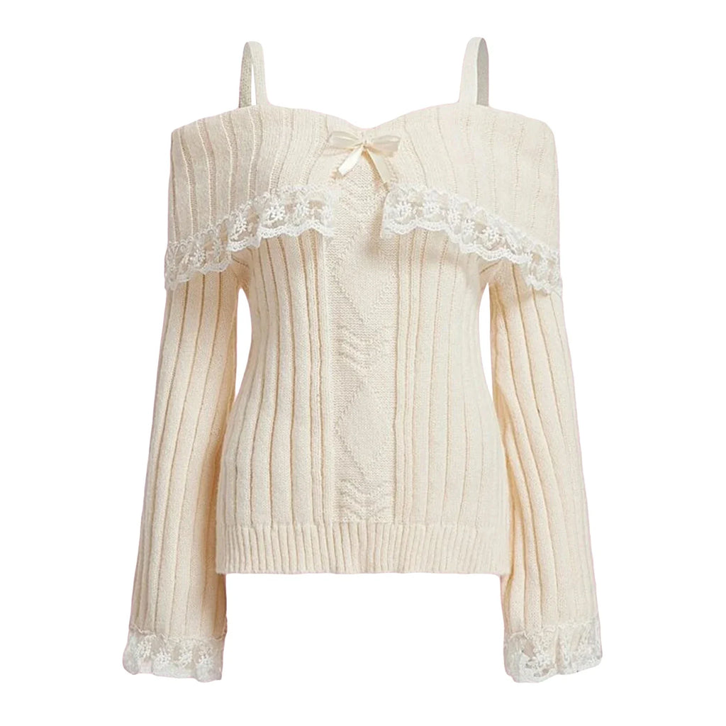 Women Long Sleeve Contrast Lace Knit Pullovers Autumn Winter Cold Shoulder Sweaters Bow Front Jumper Tops Beige/Pink