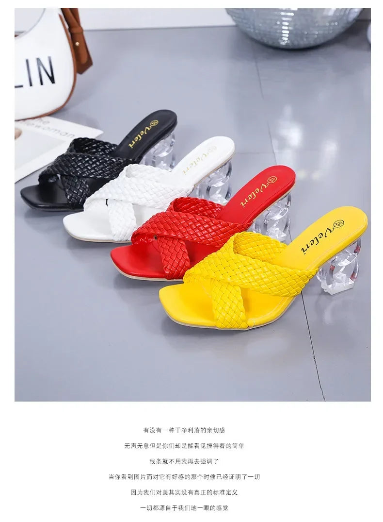 Transparent Strange High Heels Sandals Women Summer  Plus Size Weave Female Slippers Fashion Yellow Open Toe Slides