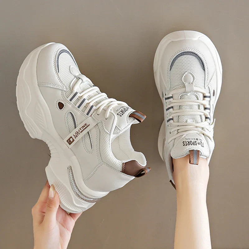 Breathable White Sneakers Shoes Women Mix Color Chunky Platform Sport Sneaker Woman 2025 Lace-Up Thick Bottom Vulcanize Shoes