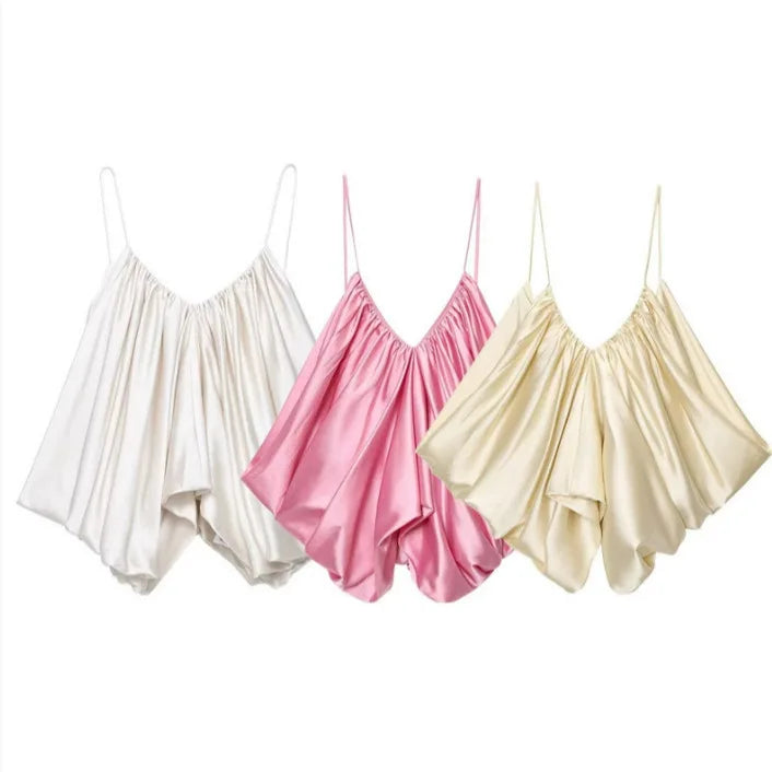 Women's Casual Fashion Silk Pleated Camisole Top Satin Camisole Top For Women Spaghetti Strap White Pink And Cream Colors 384X